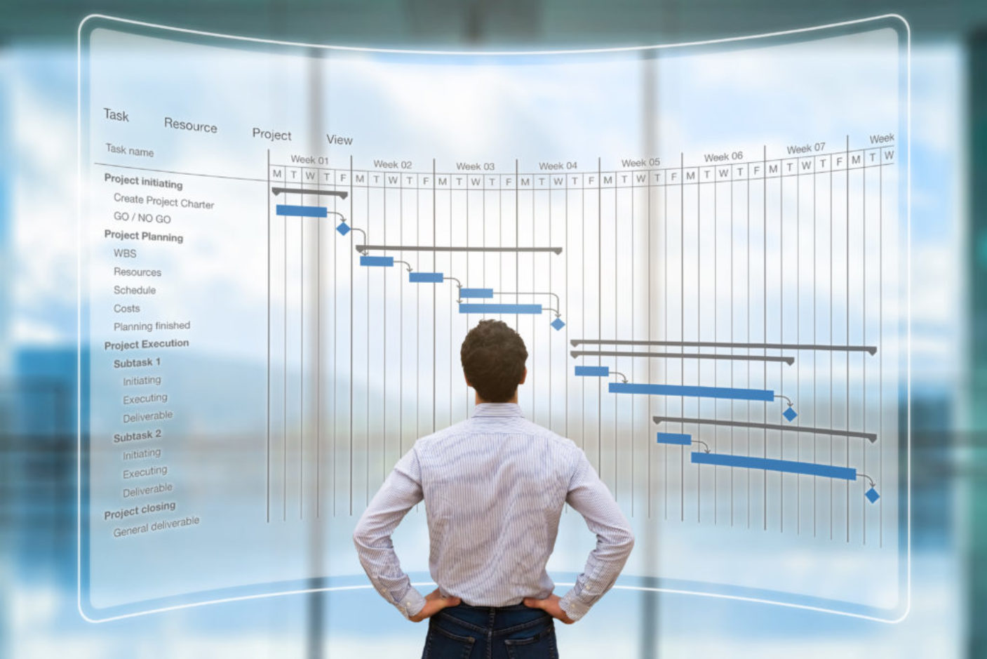 Project manager looking at AR screen, Gantt chart schedule, planning