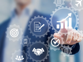 Business process management and automation concept, automated workflow, gears, businessman Business process management and automation concept, automated workflow, gears, businessman