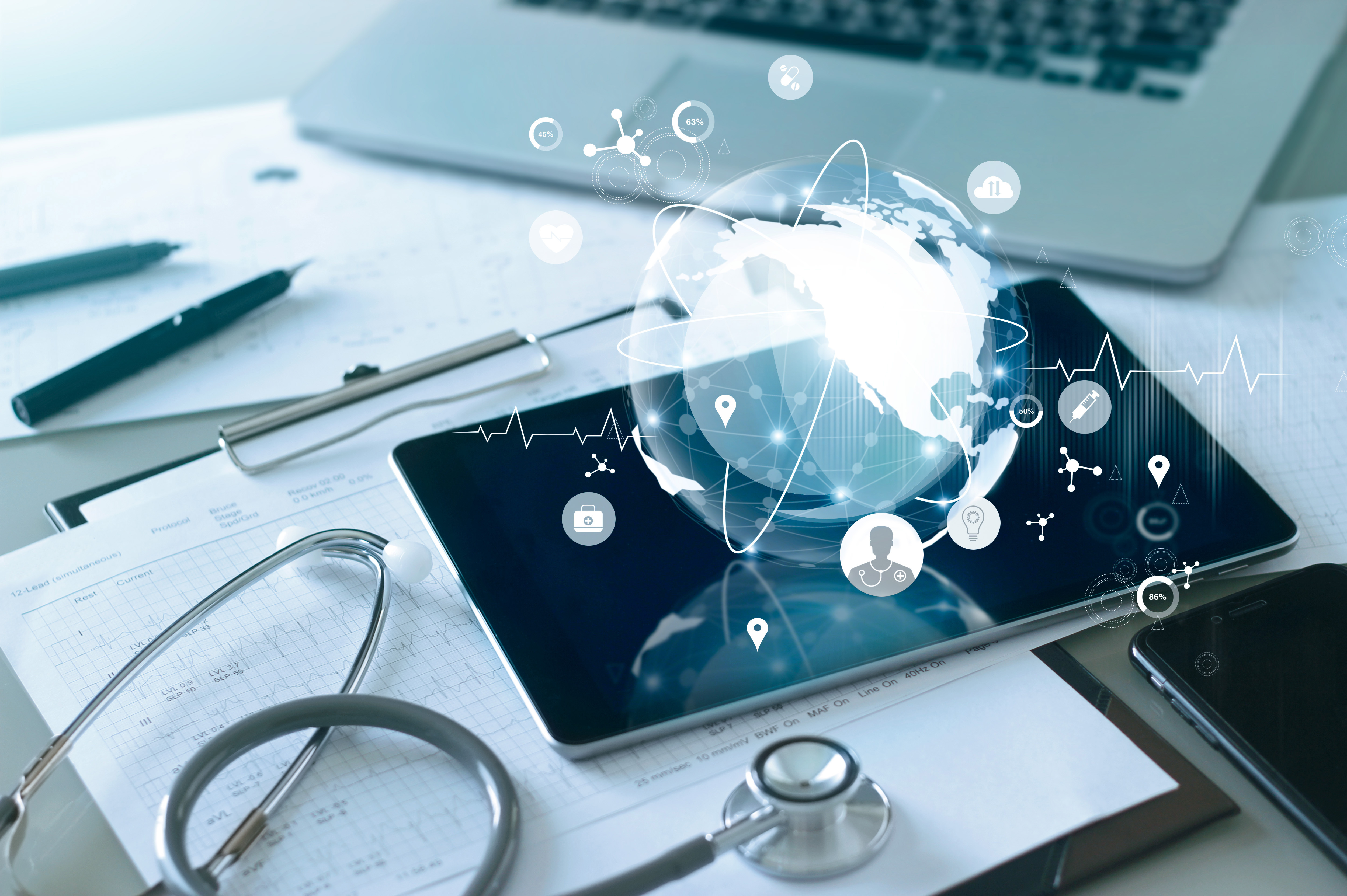 Medical global networking and healthcare global network connection on tablet, Medical technology.