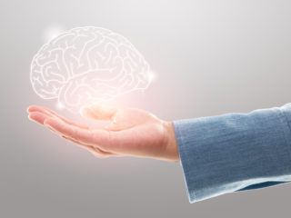 Female doctor holding brain illustration against the gray background. Mental health protection and care