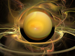 Abstract fractal, yellow 3D planet among energy flashes on a black background