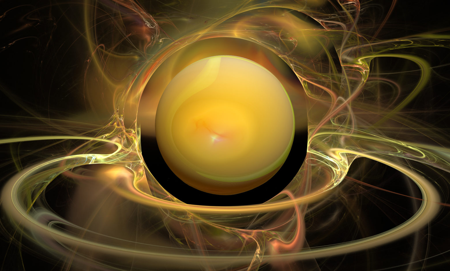 Abstract fractal, yellow 3D planet among energy flashes on a black background